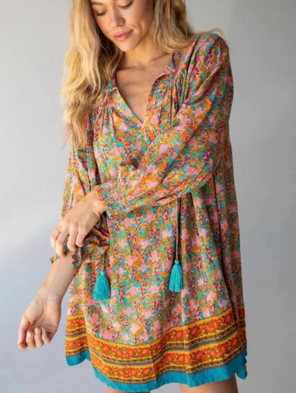 Natural Life Dara V-Neck Mini Dress - Turquoise Orange Border Size Large